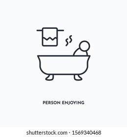 Person enjoying jacuzzi bath outline icon. Simple linear element illustration. Isolated line Person enjoying jacuzzi bath icon on white background. Thin stroke sign can be used for web, mobile and UI.