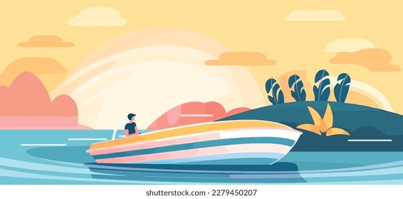 Person enjoying a light summer day out on a speedboat with the sun shining bright and waves splashing around. Flat vector summer watersport illustration concept. Gadget-free vacation