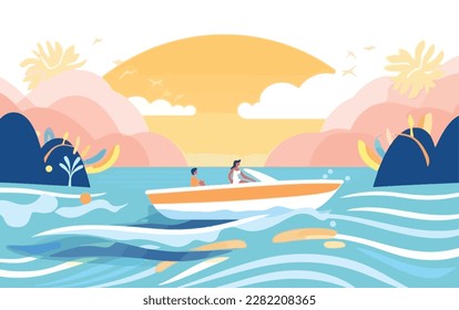 Person enjoying a light summer day out on a speedboat with the sun shining bright and waves splashing around. Flat vector summer watersport illustration concept. Gadget-free vacation