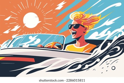 Persona que disfruta de un ligero día de verano en una lancha motora con el sol brillando y las olas salpicando por ahí. Concepto de ilustración de deportes acuáticos de verano con vectores planos. Vacaciones libres de gadgets