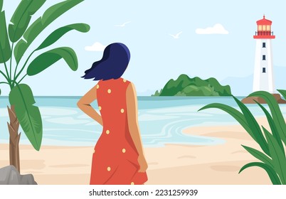 Person enjoying nature concept. Woman looking at lighthouse and thinking. Beautiful summer landscape with seashore and water. Female character on vacation, traveling vector illustration