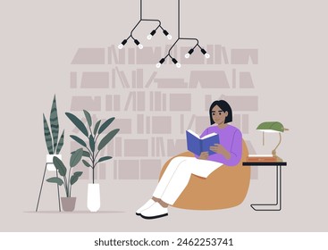 A person enjoying a peaceful reading session in a contemporary library, relaxing on a bean bag chair surrounded by books and plants under modern lighting