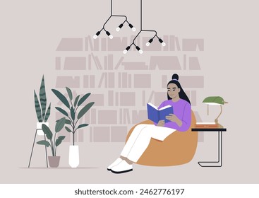 A person enjoying a peaceful reading session in a contemporary library, relaxing on a bean bag chair surrounded by books and plants under modern lighting