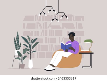 A person enjoying a peaceful reading session in a contemporary library, relaxing on a bean bag chair surrounded by books and plants under modern lighting