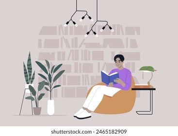 A person enjoying a peaceful reading session in a contemporary library, relaxing on a bean bag chair surrounded by books and plants under modern lighting