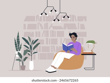 A person enjoying a peaceful reading session in a contemporary library, relaxing on a bean bag chair surrounded by books and plants under modern lighting