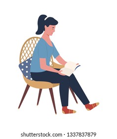 Person enjoying reading alone vector, woman sitting on chair with pillow on back holding book. Flat style isolated relaxing lady with ponytail at home