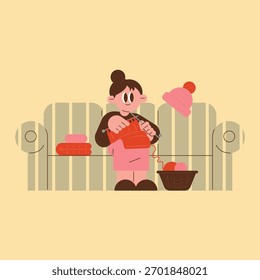Pessoa Desfrutando de um Relaxante Hobby de Tricô no Sofá. Ilustração de estilo simples.