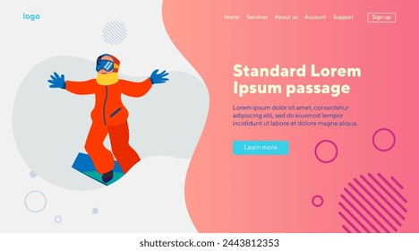 Person enjoying snowboarding. Excited child sliding on board flat vector illustration. Vacation, snowboarder, slope, ski resort concept for banner, website design or landing web page