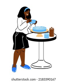 Person enjoying their hobby. Young woman confectioner or baker prepares delicious sweet cakes and pastries. Cooking and culinary. Favorite Activity. Cartoon flat vector illustration in doodle style