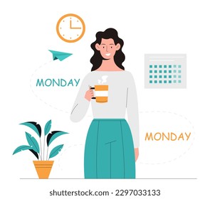 Person enjoys coffee. Young girl stands with mug of hot drink in her hand, tea. Character in office with refreshing and invigorating drink, lunch break.