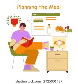 Una persona disfruta de la planificación de comidas mientras lee un libro de cocina. La ilustración los muestra relajados, rodeados de Imágenes de ingredientes. Perfecto para representar la organización culinaria.