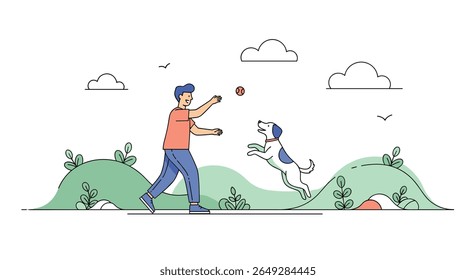 A person enjoys a sunny day playing fetch with their energetic dog in a beautiful park surrounded by green hills and fluffy clouds overhead
