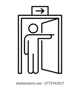 Person entering through an open door with an arrow sign line art black and white entrance silhouette opportunity