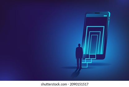 A person enters the virtual world of his mobile phone. Vector futuristic illustration. Horizontal banner template.