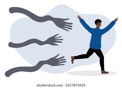 Person escaping from shadowy hands in a stylized illustration of fear and anxiety