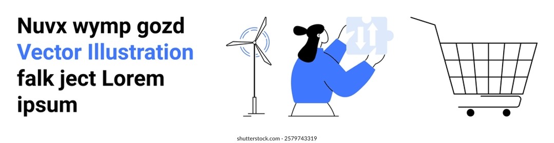 A person examines 3D printed buildings next to a wind turbine and a shopping cart. Ideal for sustainability, technology, innovation, design, and e-commerce themes. Banner for landing page