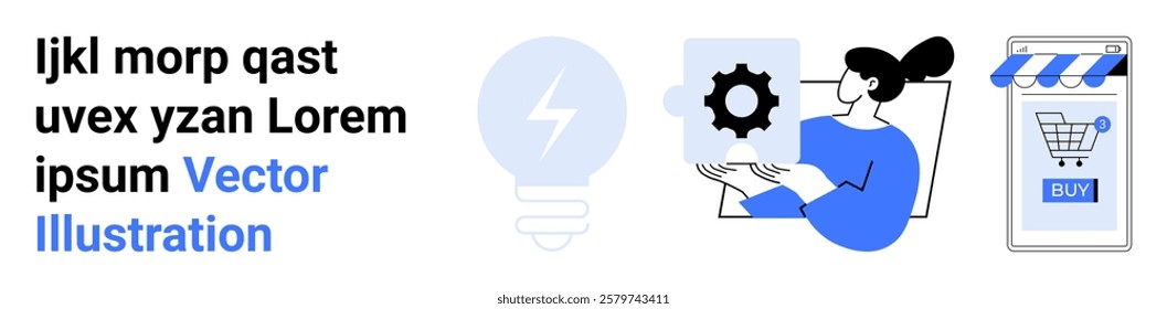 A person examines a gear icon beside a light bulb and an online shopping cart. Ideal for technology, innovation, e-commerce, business, and digital solutions. Banner for landing page