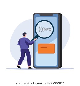 A person examines NFC technology on a smartphone screen with a magnifying glass for secure, contactless payment solutions Use for technology or finance concepts.
