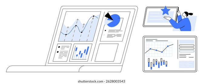 Person examining data charts and graphs on multiple devices. Ideal for business analysis, data visualization, remote work, digital tools, presentations, report generation, and education. Line