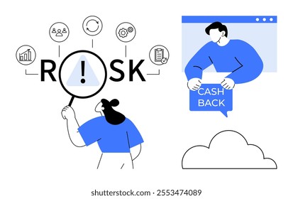 Person examining risk factors magnified with icons of finance and security. Another person displaying a cashback sign. Background has a cloud icon. Ideal for finance, business strategy, risk