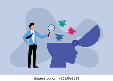 Person examining thoughts represented by butterflies inside a head 2d flat vector illustration