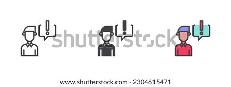 Person and exclamation mark different style icon set. Line, glyph and filled outline colorful version, outline and filled vector sign. Symbol, logo illustration. Vector graphics