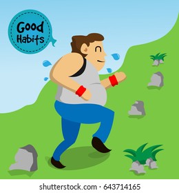 Person exercising and climbing mountain. Perfect for health and wellness in green and blue backgrounds