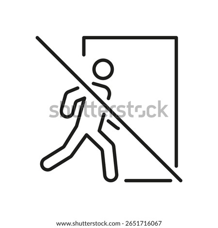 Person Exiting Door Prohibited Line Icon. No Entry, Restricted Access, And Unauthorized Exit Warning Outline Symbol. Safety And Security Signage. Editable Stroke. Isolated Vector Illustration.