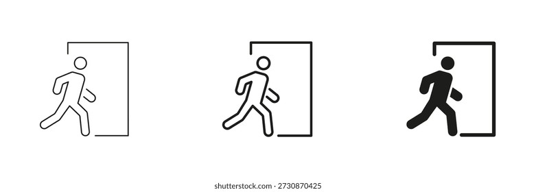 Person Exiting Doorway Line And Solid Icon Set. Emergency Exit, Evacuation, And Safety Signage Outline And Silhouette Symbol Collection. Directional Guidance. Isolated Vector Illustration.
