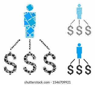 Person expenses mosaic of humpy elements in variable sizes and color tones, based on person expenses icon. Vector ragged dots are united into collage.