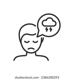 La persona experimenta malas emociones, icono lineal, tristeza, persona y nube con un rayo. Línea con trazo editable