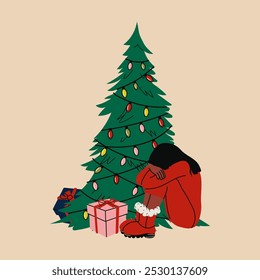 A person experiences sadness and unhappiness during the Christmas holidays. Psychology concept