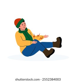 Person experiencing knee pain while sitting on the ground in winter clothing