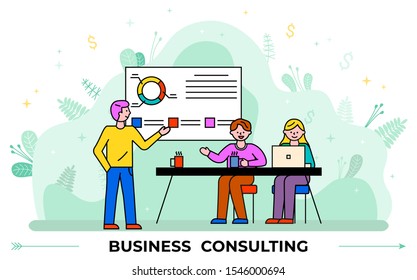 Person explaining or consulting people at table about business. Man stand near statistics chart and look on it. Data graph with caption on white board. Men and woman working together in office, vector