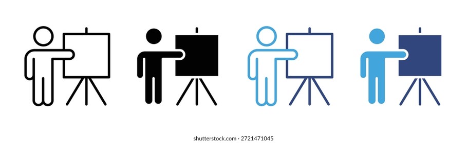 Pessoa explicando em um conjunto de ícones de quadro de comunicações. educação, apresentação, símbolo de ensino. ilustração vetorial