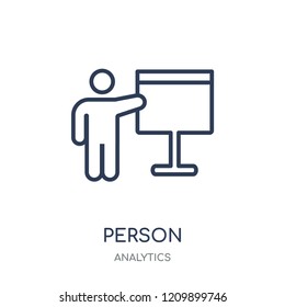 Person explaining strategy icon. Person explaining strategy linear symbol design from Analytics collection. Simple outline element vector illustration on white background.