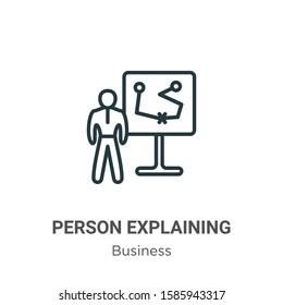 Person explaining strategy on a board with a sketch outline vector icon. Thin line black person explaining strategy on a board with a sketch icon, flat vector simple element illustration from editable