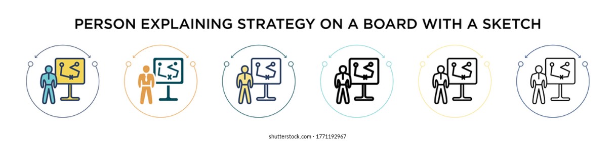 Person explaining strategy on a board with a sketch icon in filled, thin line, outline and stroke style. Vector illustration of two colored and black person explaining strategy on a board with a 