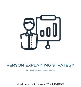 person explaining strategy thin line icon. meeting, explain linear icons from business and analytics concept isolated outline sign. Vector illustration symbol element for web design and apps.