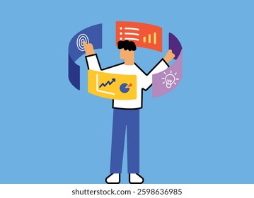 Person exploring analyzing multiple screens illustration