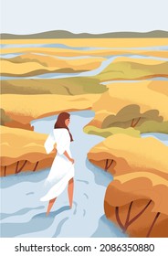 Person Exploring Nature, Walking In Peaceful Landscape Alone. Explorer In Journey. Serene Woman Travel In Valley In Solitude. Concept Of Searching And Discovering Way. Colored Flat Vector Illustration