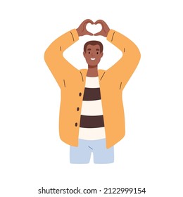 Persona que expresa el amor con las manos, haciendo que el corazón firme con los dedos. Feliz hombre negro haciendo gestos con los brazos. Un tipo sonriente con emociones positivas. Ilustración vectorial plana aislada en fondo blanco