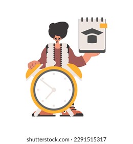 Persona con un reloj extraordinario y cauteloso, restringido sobre cimientos blancos. Estilo de moda, Ilustración vectorial