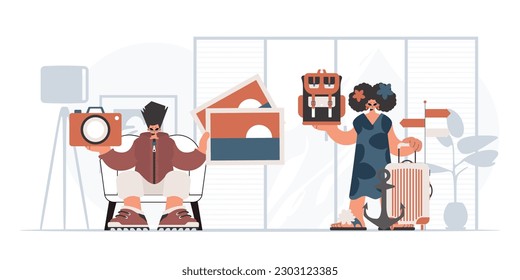 The person and the exuberant lady are going on a trip. The concept of rest and travel. Trendy style, Vector Illustration