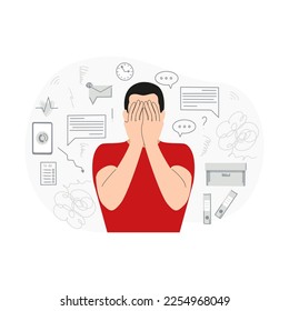 Una persona con la cara cubierta de manos. Problemas en el trabajo, agotamiento. Ilustración dibujada a mano por vectores aislada en fondo blanco.