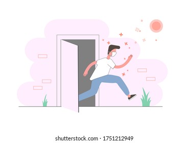 Person in face respirator mask joyfully runs out the door. End of coronavirus quarantine. Vector illustration concept.