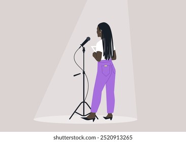 A person faces a microphone on stage, bathed in soft spotlight, creating an atmosphere of anticipation and excitement prior to their performance