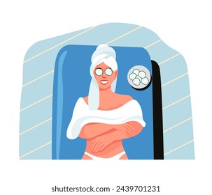 Person with facial mask relaxing on chair, tranquil spa atmosphere.