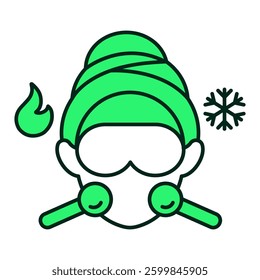 Person with facial mask and snowflake icon representing thermal therapy, cryotherapy, and facial wellness, editable stroke